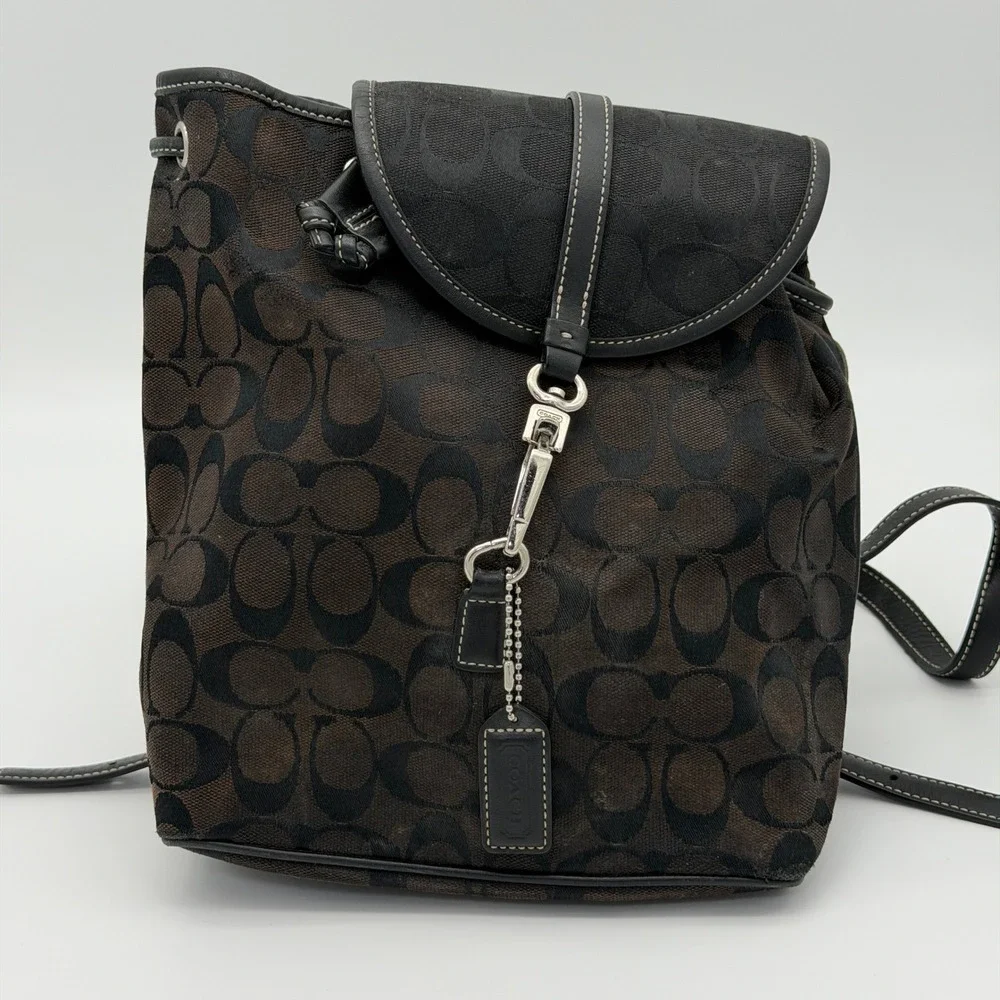 Coach Signature Monogram Canvas Leather Backpack Brown Black E05J-6618